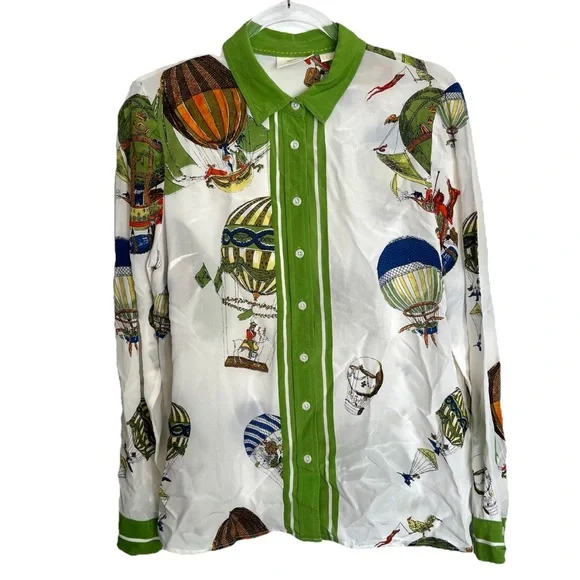 Maeve Anthropologie Hot Air Balloon Silk Retro Whimsical Button Blouse Top - 14 - Picture 1 of 5